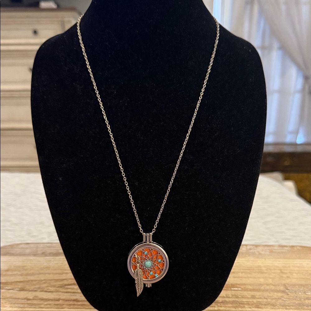 Essential Oils Aromatherapy Dreamcatcher Silver Tone Pendant Statement Necklace